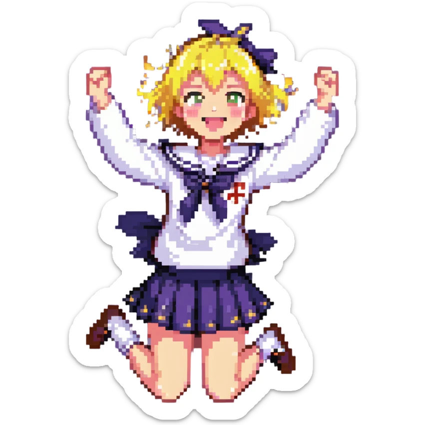 Pixel art anime girl with short bright yellow hair wearing Japanese sailor style school uniform, jumping excitedly with arms raised high, big smile and sparkling happy eyes sticker