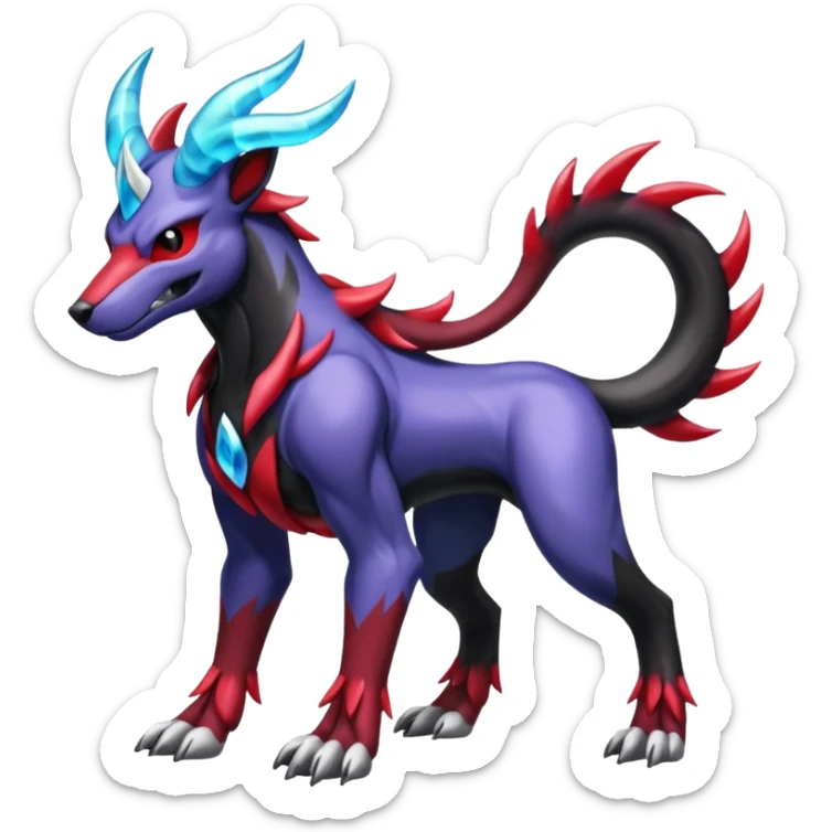Black and blue and red and purple and white and grey colorful shiny edgy cool badass Manectric-Zygarde-Houndoom-fusion-hybrid-Fakémon-creature, full body sticker