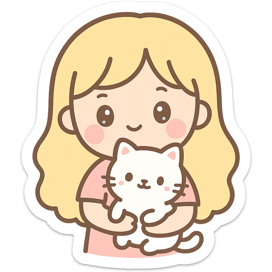 blonde girl holding a white cat, friendly and cute style sticker