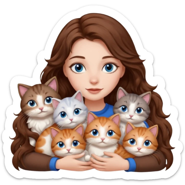 girl with long wavy brown hair, blue eyes, long lashes makeup, cuddling with 6 cats sticker