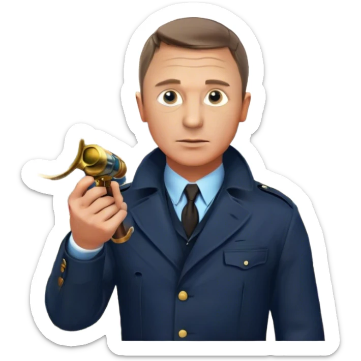 Icon for Detective Movies: A colorful collage featuring Daniel Craig as an inspector, with a magnifying glass, revolver and a mysterious city backdrop. Include a board with photos of suspects, fingerprints, and a crime scene. Retro movie poster style. Transparent background. sticker