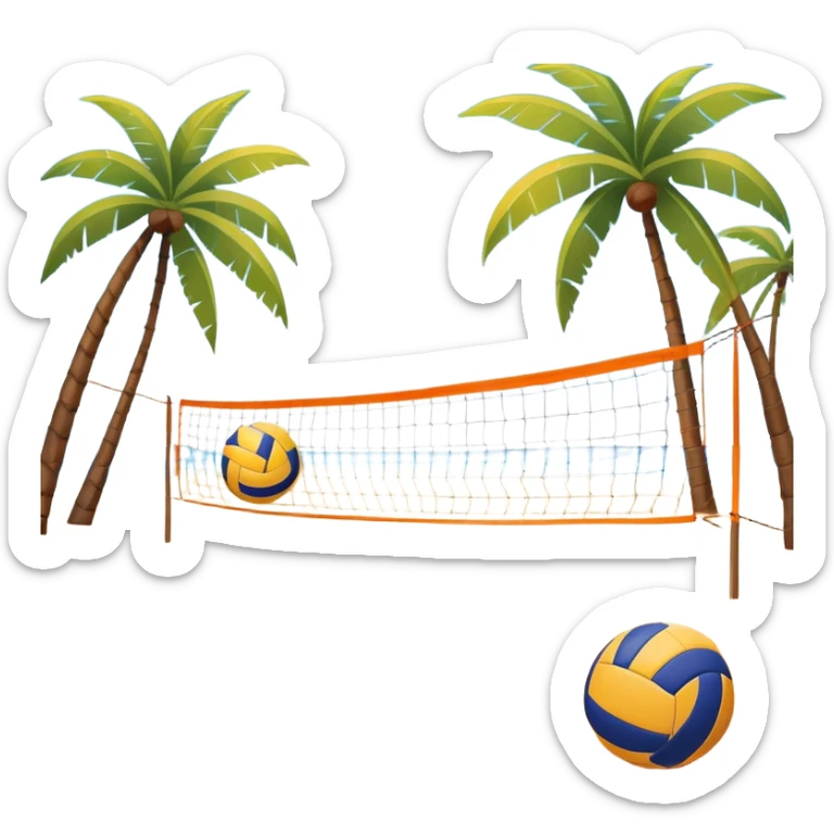 A volleyball resting on the orange sand grownd of a beach, with a volleyball net in the background. The scene captures a sunny beach atmosphere with clear blue sea and sky, palm trees swaying, and people in swimsuits enjoying the vibrant surroundings sticker