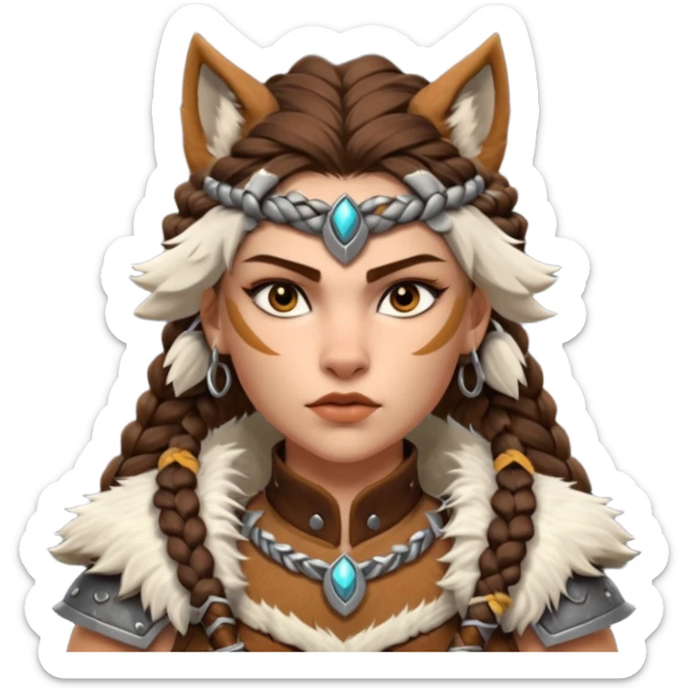 barbarian woman wolf rider portrait, head and shoulders only, fierce female warrior, fur-lined barbarian armor collar, wolf fur details, wild braided hair, intense eyes, tribal warrior vibe, fantasy style, 3D cartoon, mobile game icon style, clean background, no text, no watermark
 sticker