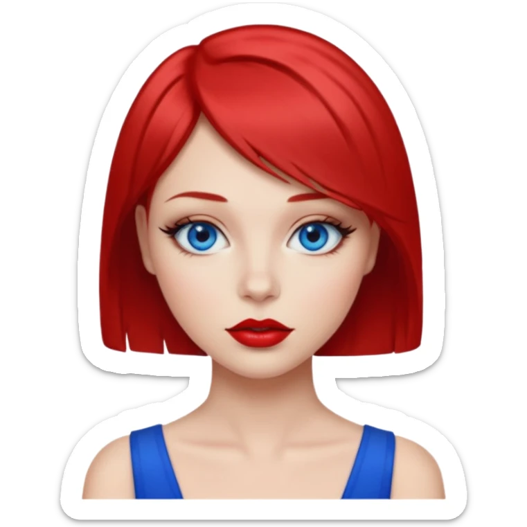 una chica con los labios y los ojos maquillados, de piel blanca con el pelo liso corto pelirrojo y ojos celeste sticker