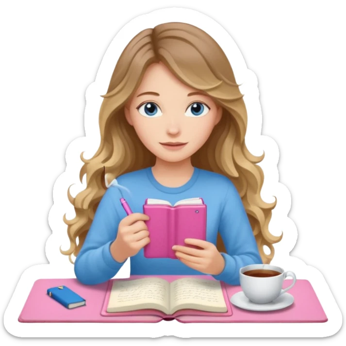 pretty female with long wavy brown hair with blonde highlights and blue eyes writing in a relaxed position in a pink journal with a cup of tea sticker