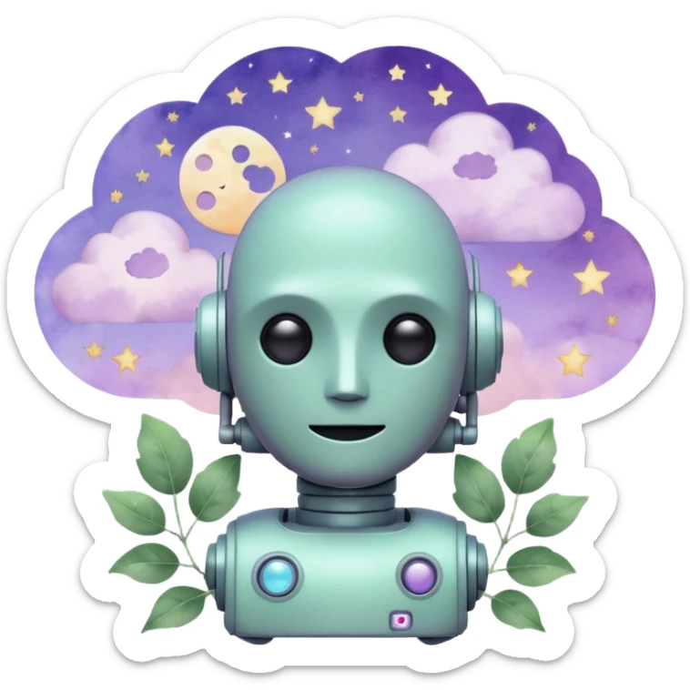 watercolor-style emoji of a robot head silhouette with “AI” inside a lilac cloud, connected to a soft circuit shape. gentle pastel palette (sage green, blush, lilac), surrounded by leaves, moon, and stars — poetic and calm aesthetic. sticker