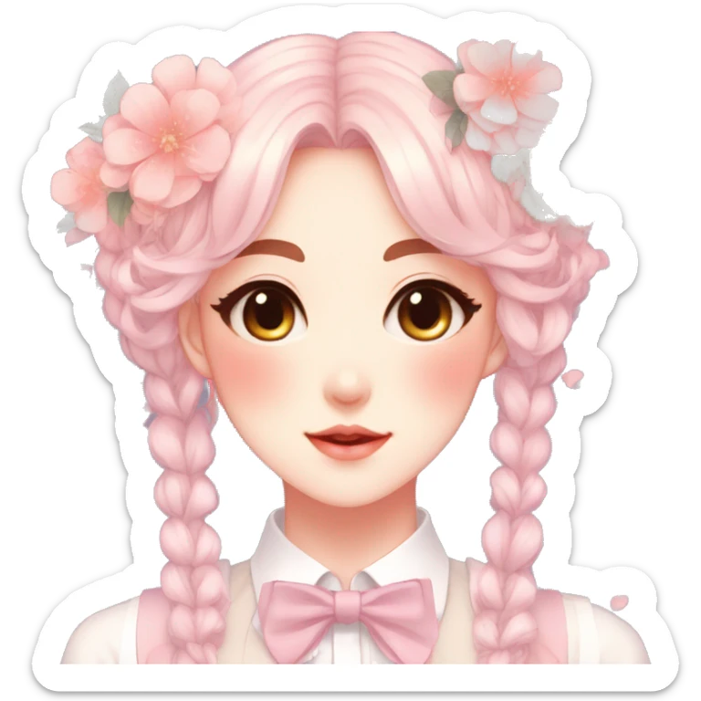 Gorgeous pastel anime style lady with blushing face and flowers and laces and bow ties and pretty hair aesthetic trending style sticker
