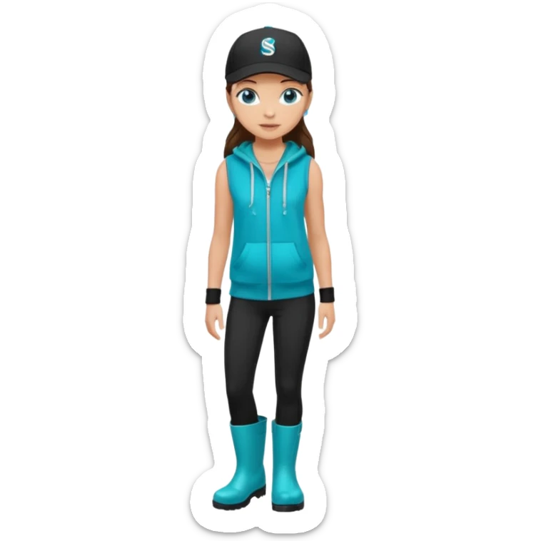 A landscaper in a beautiful turquoise hoody and turquoise rubber boots, black pants, and a black sleeveless shirt. On her head is a black color Swissotel baseball cap. The girl is a brunette with blue eyes. sticker