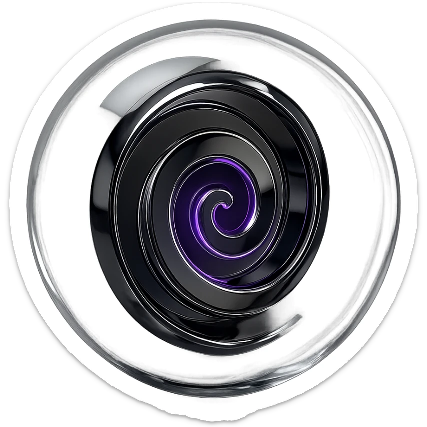 Increase the glow effect of the reflective chrome spiral at the center of the clear sphere, making the purple glow more intense and radiant, with no background. sticker