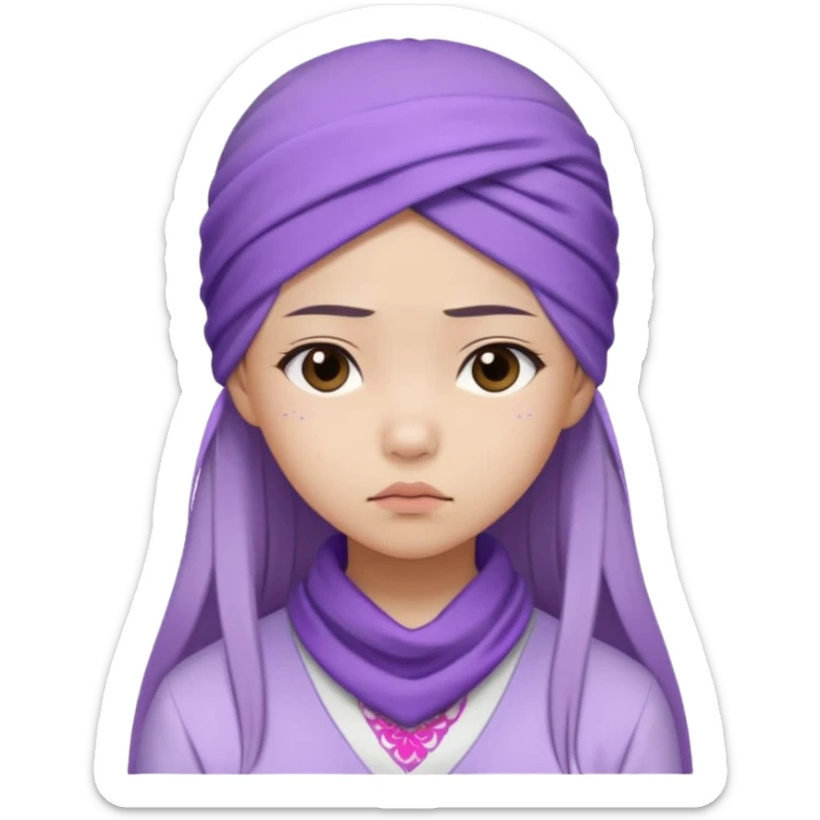 Asian girl with straight long hair, lilac bandana, white and lilac outfit, sad expression sticker