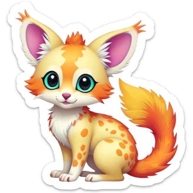 Feral Rare Fantasy vibrant colorful tropical cute, kawaii, cool, ed Vernid-Trico-species by LiLaiRa, random markings, tufted tail, tufted ears, full body, cheek markings sticker