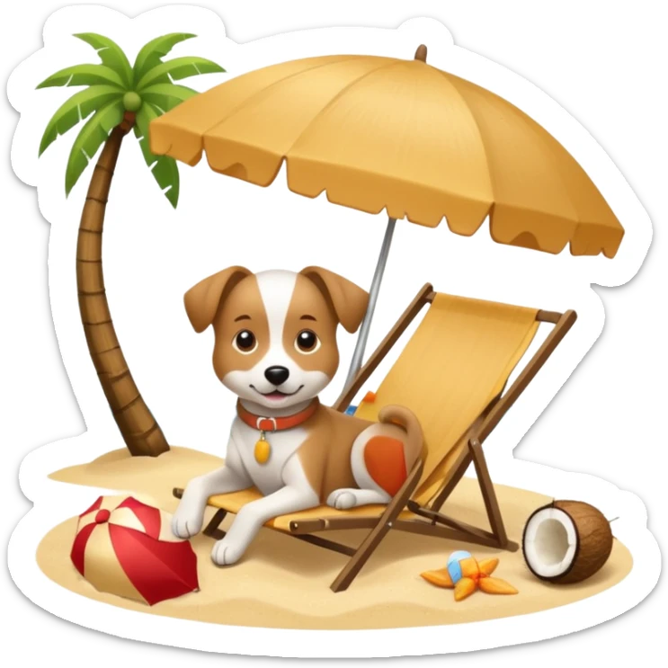 a dog laied on a beach chair, a sunny beach, a sun umbrella, and beach coconut trees. the icon should capture the essence of a relaxing beach vacation with a carefree atmosphere sticker