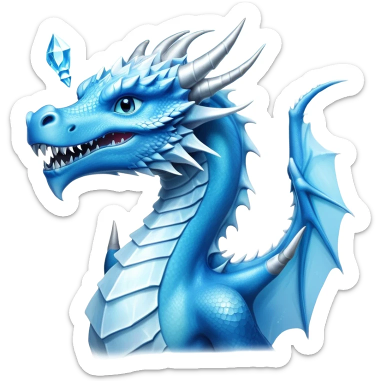 Cinematic Noble elegant Ice Dragon Portrait Emoji, Poised and imposing, distinct long elegant snout, with a slender, scaled body shimmering in glacial hues of icy blue, frostbitten silver, and crystalline white, breathing out frost, with piercing, glowing ice blue white eyes that radiate the chilling depths of an arctic storm; rendered in detail. Breathing out a frost mist sticker