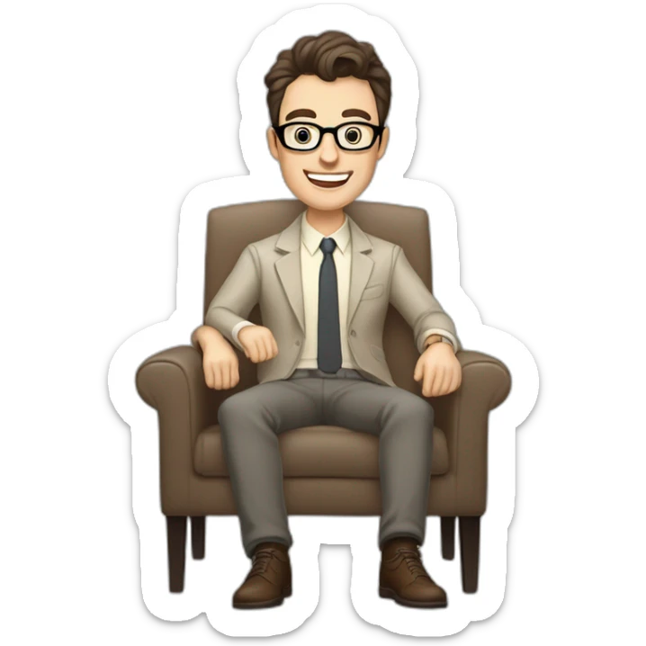 Joyful thrumb up Pale skinned Fit Man With dark brown hair in gray jacket, beige office shirt, Brown pants and vintage glasses sitting In a soft chair sticker
