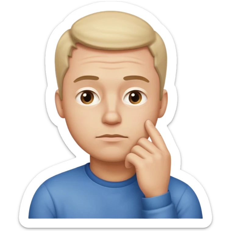 Create an emoji-style illustration of a man thinking. Show him with a hand on his chin, raised eyebrow, and a thoughtful expression. Soft gradients, rounded shapes, clean minimal emoji look sticker