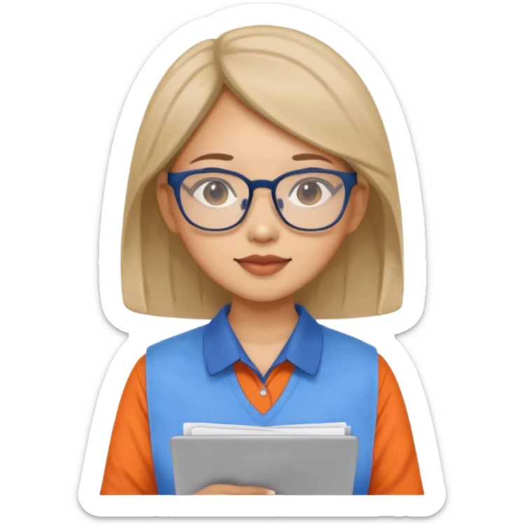 An asian woman with papers and laptop wearing glasses in blue and orange shirt sticker