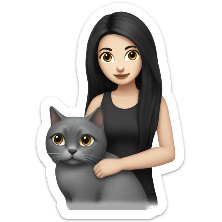 White girl with long black hair and black eyes holding a grey cat sticker
