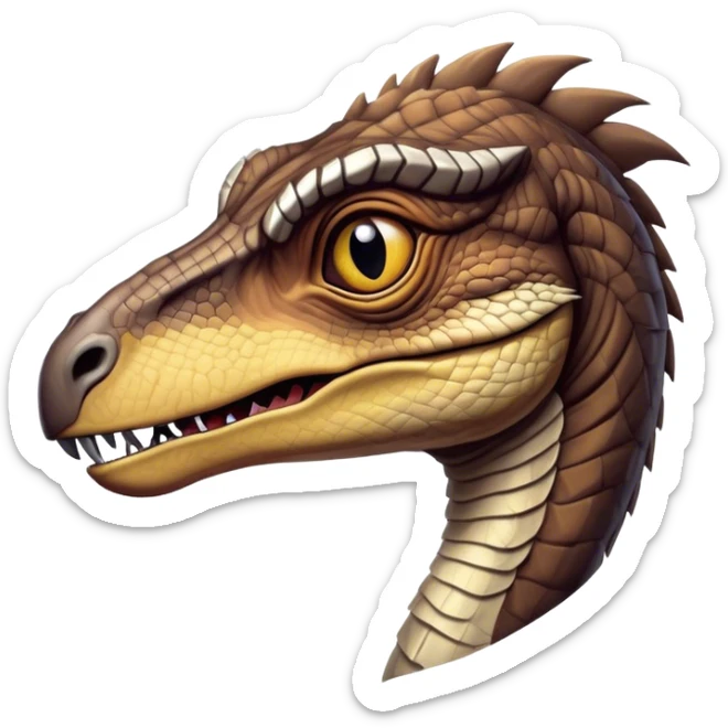 Cinematic Noble jurassic park Velociraptor Portrait Emoji, Poised and menacing, with a sleek, muscular build clad in dark, scaly skin reminiscent of jurassic park Park’s iconic raptor, a sharply curved snout and piercing, intelligent eyes that exude predatory cunning, Simplified yet boldly defined features, highly detailed, glowing with a cool, ominous radiance, high shine, intelligent and relentless, stylized with an air of cinematic prehistoric authority, focused and alert, soft glowing outline, capturing the essence of a watchful and confident jurassic park Velociraptor that appears ready to dash out of the screen with effortless power! sticker