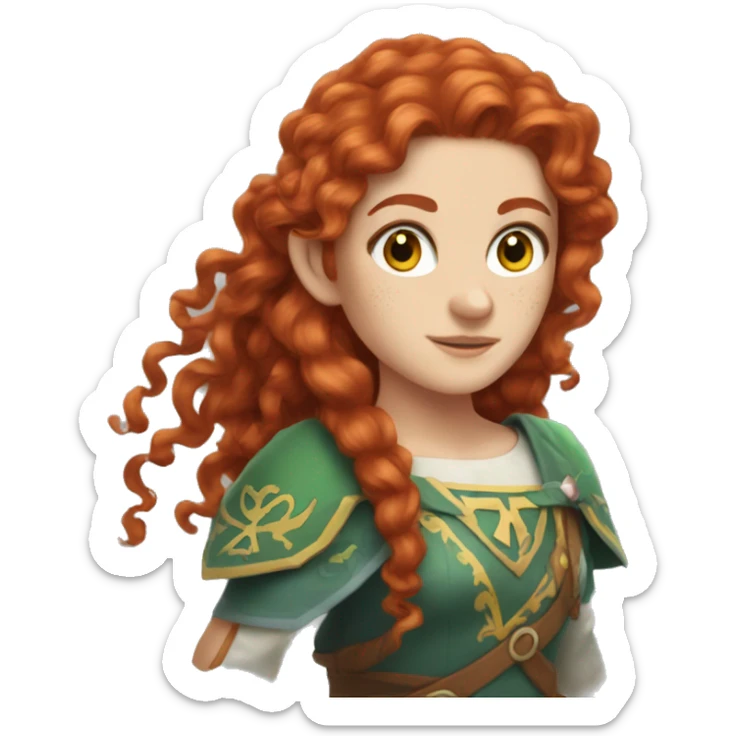 a white girl with long red curly hair and freckles, cosplaying Zelda sticker