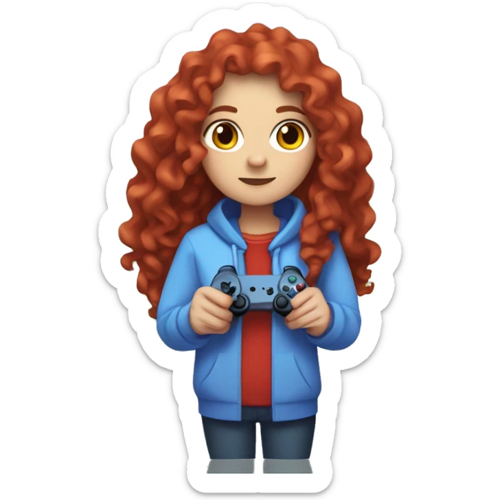 a white girl with long red curly hair, wearing periwinkle Minecraft hoodie holding a controller sticker