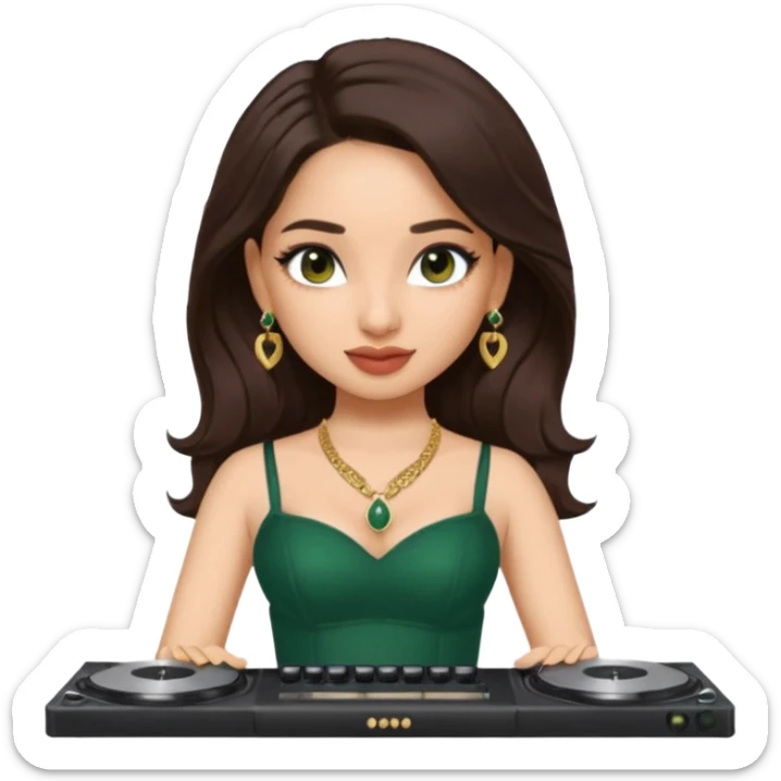 pretty bratz genmoji that looks like tamannah bhatia (bollywood actress), wearing a dark green sweetheart neckline top, dark brown hair, light makeup, no necklace, dangly earrings, side hair part, dark brown eyes, djing sticker