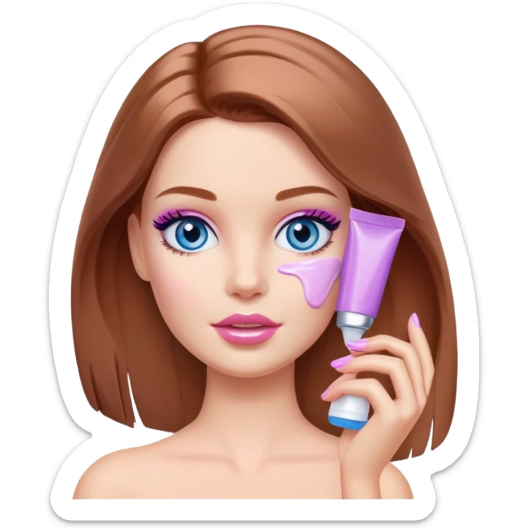 Barbie girl Chestnut Shoulder-length hair and blue eyes is In pale purple smears by hand cosmetic cream on her face sticker