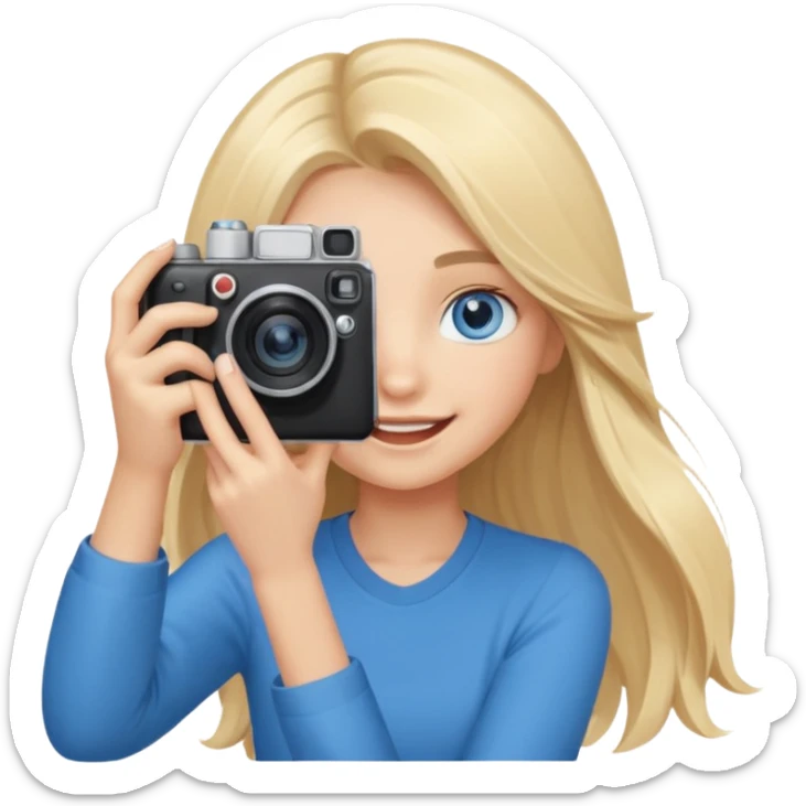  blue eyes blonde girl photographer cartoon taking picture in middle of taking picture camera in front of face long hair smiling funny flash professional, camera in front of face sticker