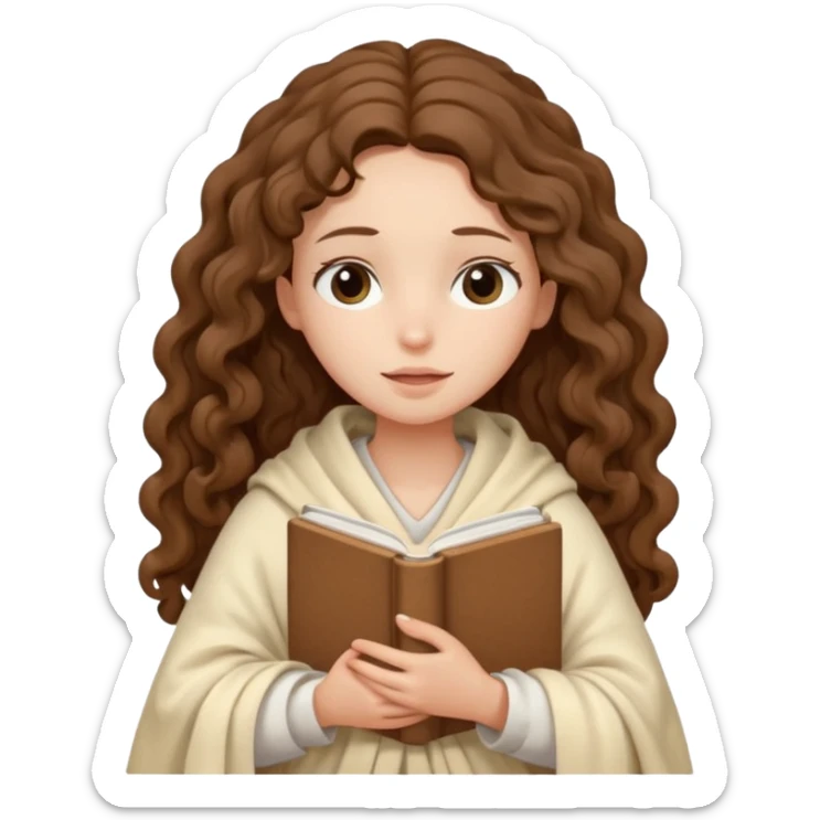 slender girl with fair skin with long curly brown hair wrapped in a cream blanket in her hands a white book eyes closed sticker