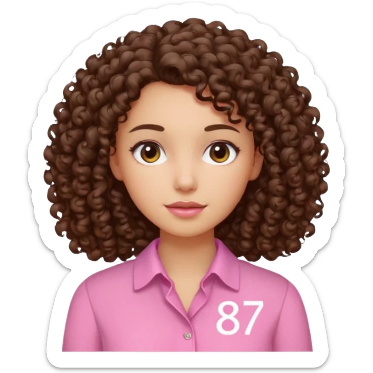 Curly hair Median, Brunette, wearing a pink blouse with *87* written on it. sticker