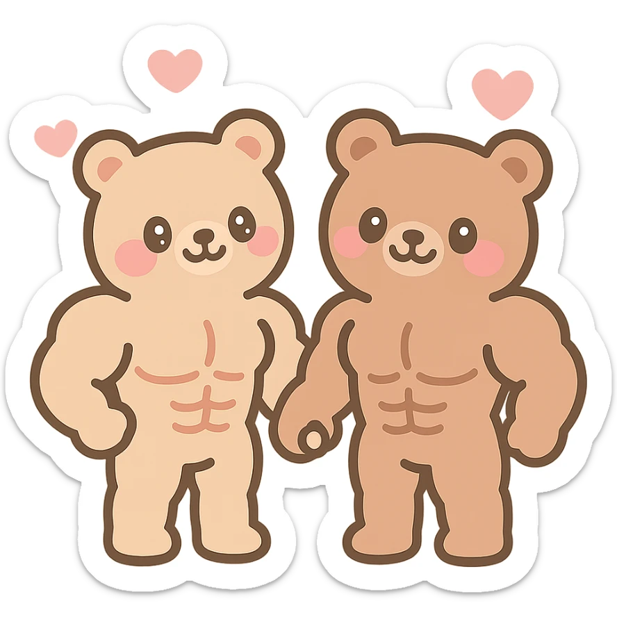 muscle bear couple holding hands, hearts floating around, joyful and warm, kawaii style sticker