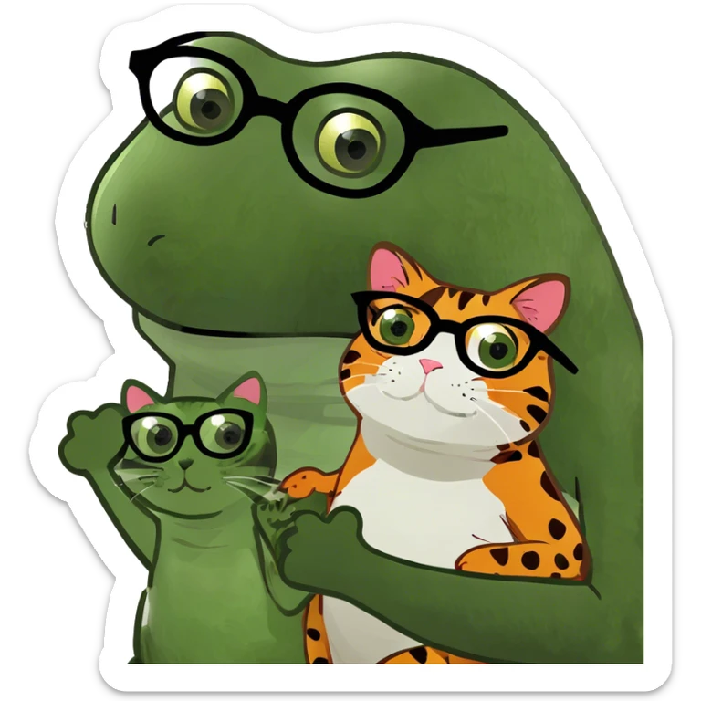White girl with glasses, brown hair and eyes holding a tortoiseshell cat in her arms sticker