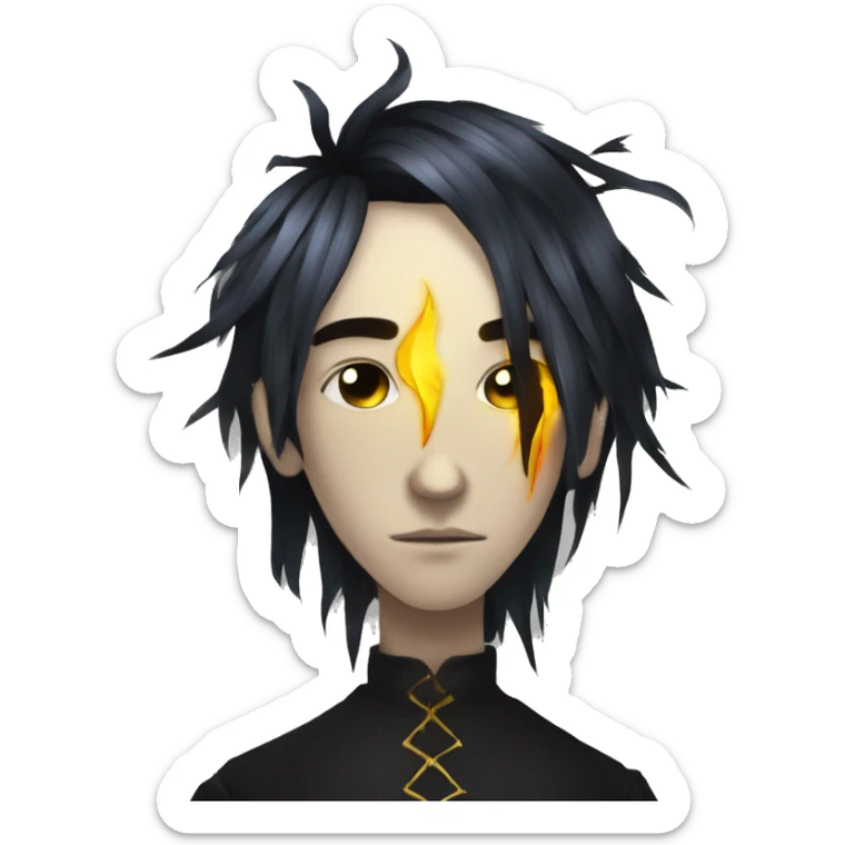 Hamlet young skinny sad man iridescent hair wearing raven feathers with golden flames yin yang chess board sticker