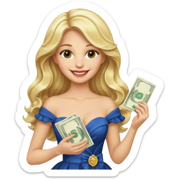 rich long hair blonde millionare woman holding money wearing dress sticker