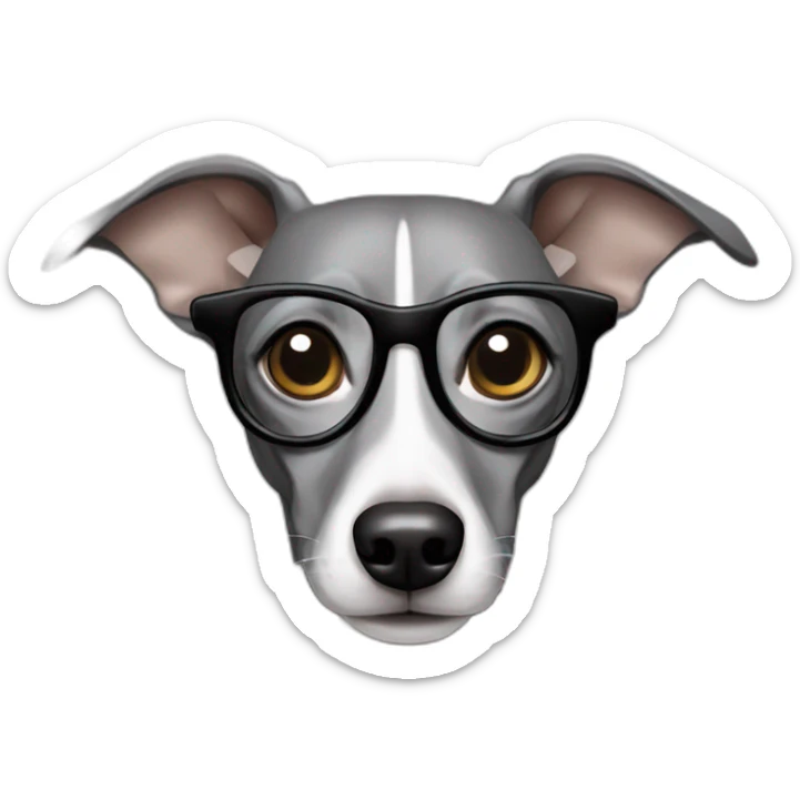 Italian greyhound female, gray color with white chest, wearing glasses sticker