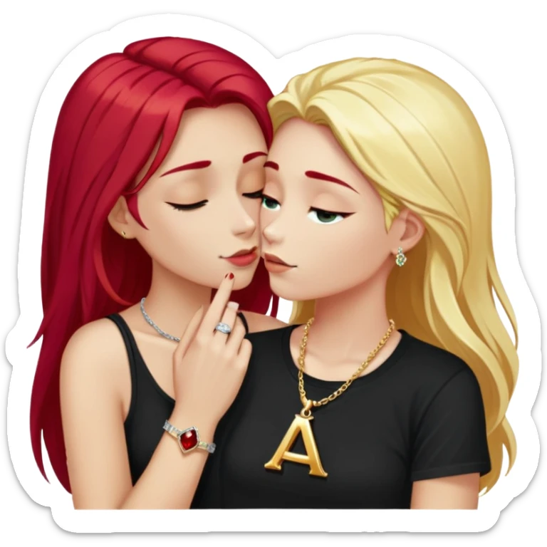 close-up of 20 year old couple kissing, girl with long cherry red hair, blonde eyebrows, gold necklace with letter A, diamond gold ring, red bracelet, boy with bright white hair wearing silver ring with black stone and dark t-shirt sticker