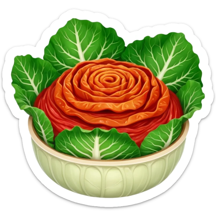 Korean kimchi cabbage leaves, all parts red with red sauce, no face sticker