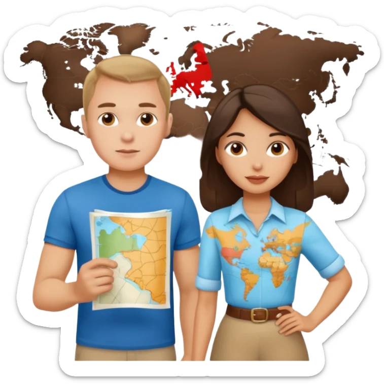 Russian man and elegant Latina girl in cute outfits with a map planning map in the background  sticker