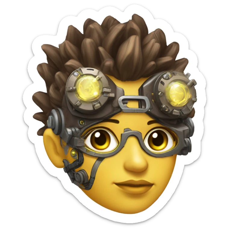 Brown with yellow streaks Mohawk hair female cyborg head, tan skin, steampunk goggles and circuits sticker