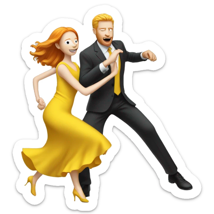 Ginger woman In yellow dress and blonde man in suit dance  sticker