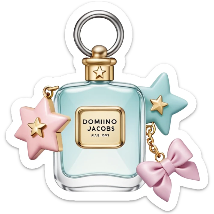 Emoji of a clear perfume bottle with playful charms on top — star, bow, ring, and domino — and ‘Perfect Marc Jacobs’ text. Soft pastel style. sticker