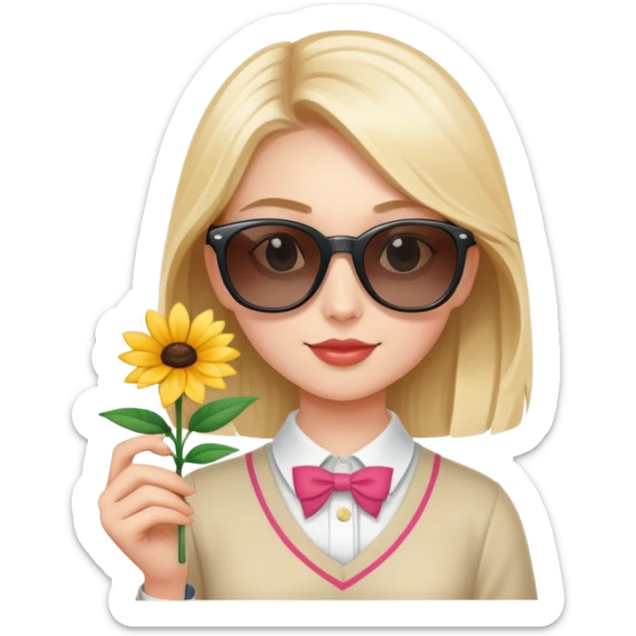 A preppy girl with a Stanley wearing sunglasses and a flower sticker