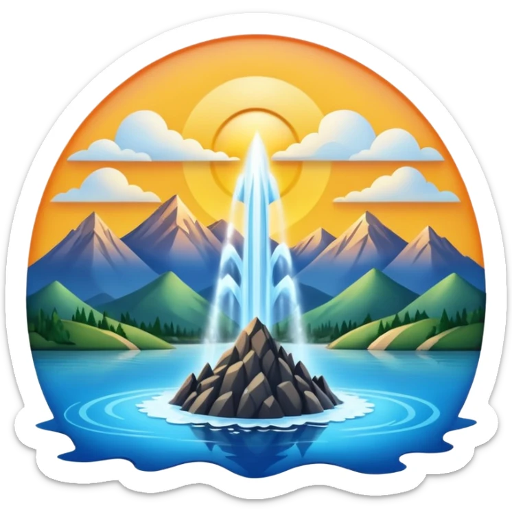 Please generate an image of a sunrise illuminating a lake with a huge water jet pointing only in one direction (upward and then down on one side) like that in the Geneva lake and some mountains in the background. sticker