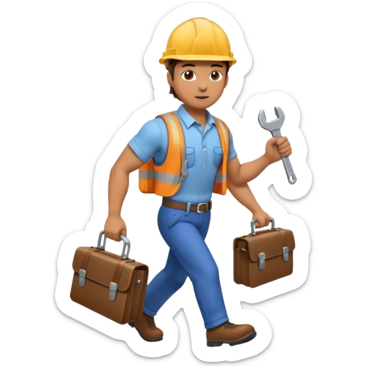 person wearing a hard hat or helmet, holding a wrench in one hand and a briefcase in the other, in a walking or running motion sticker