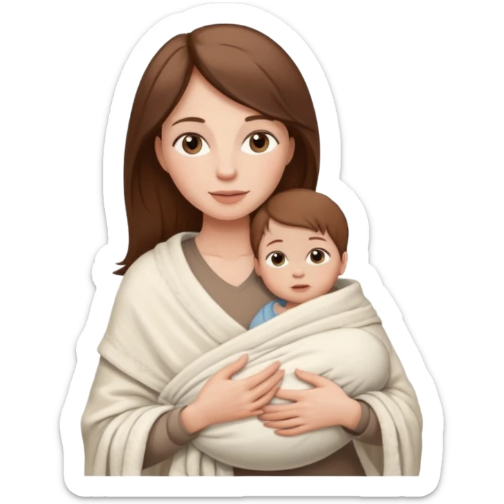 A white-skinned mother with brown hair holds her baby with white skin and brown hair in her arms, the baby is wrapped in a white blanket sticker