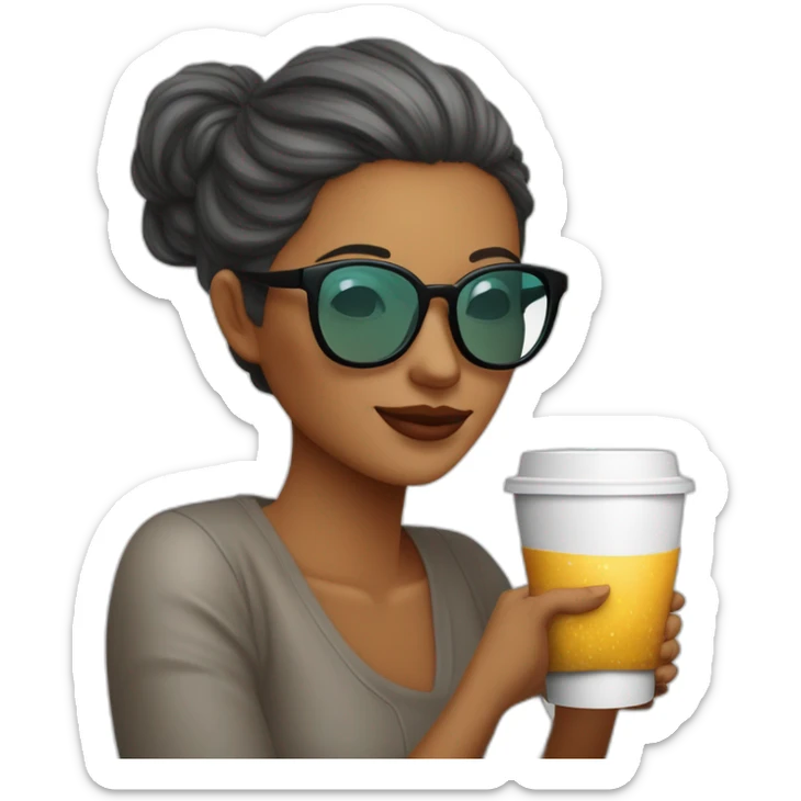 Mujer blanca, melena negra,con lentes semi al aire de color calipso. Con un lunar sobre el labio superior en la parte izquierda de la cara. Tomando un café y saludando sticker