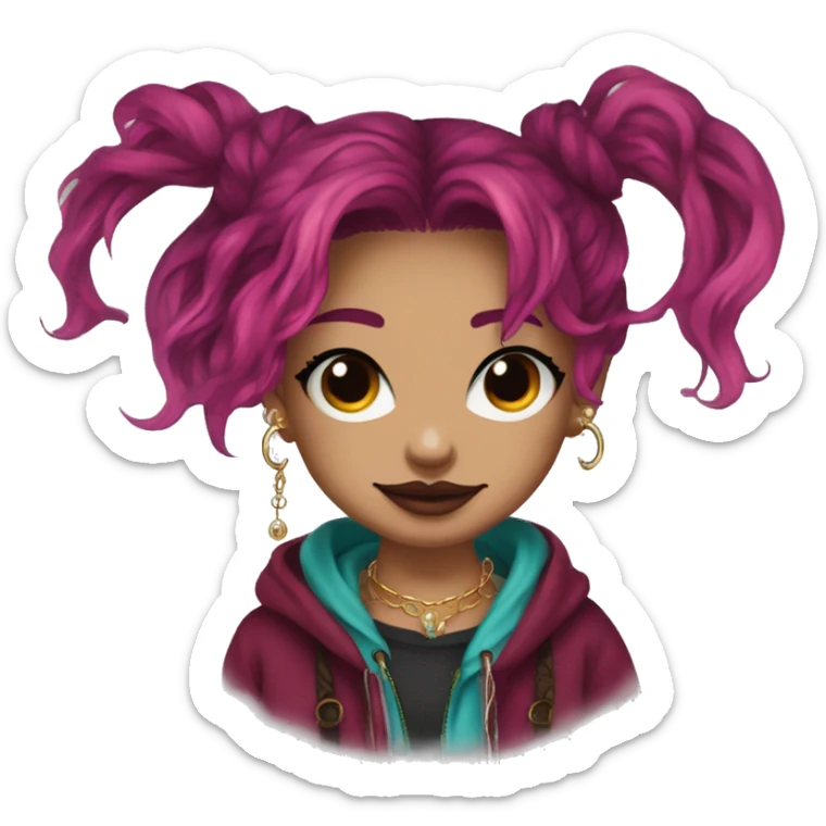 Vintage grunge patina intricate swirls Deep pink maroon burgundy cyan dark hoodie person dyed hair and gold piercings nose piercing ear piercings sticker
