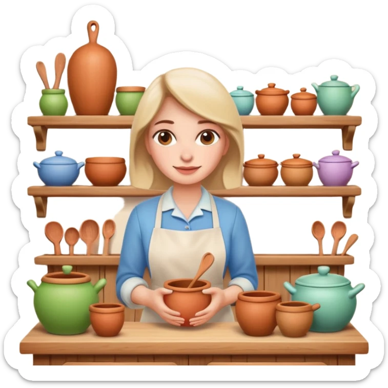 cartoon Apple iOS emoji style woman, pastel colors, Chilean wooden kitchen background, clay pots, warm light, detailed and clean vector art sticker
