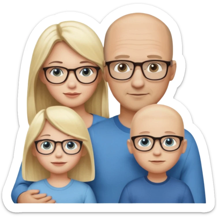 Eigene Familienbild mit 3 Personen; Mutter dunkle Augen und dunkle lange Haare mit Brille; Vater mit Vollglatze und Blaue Auge und ohne Brille;  kleinkind mit blonden Haaren und dunklen Augen und ohne Brille sticker