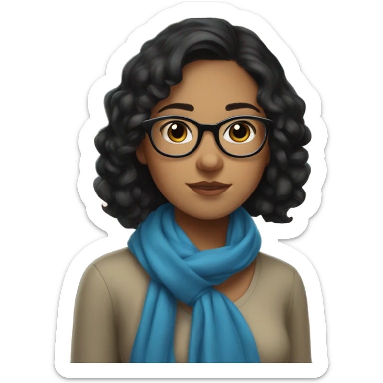 teenage girl wearing blue scarf, short wavy black hair, glasses, serious, books sticker
