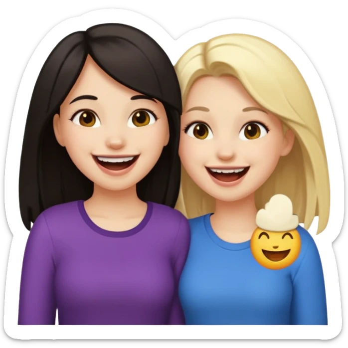 two girls laughing together, one with dark hair and one with blonde hair, best friends, emoji style sticker